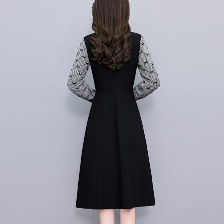 FA43892# 千鸟格印花植绒假两件套大码女装胖mm修身中长款春秋季新款连衣裙 服裝批發女裝批發服飾貨源