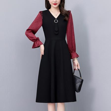 FA43893# 职场气质假两件套拼色修身中长款大码女装胖mm长袖连衣裙春秋新款 服裝批發女裝批發服飾貨源