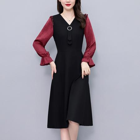 FA43893# 职场气质假两件套拼色修身中长款大码女装胖mm长袖连衣裙春秋新款 服裝批發女裝批發服飾貨源