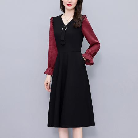 FA43893# 职场气质假两件套拼色修身中长款大码女装胖mm长袖连衣裙春秋新款 服裝批發女裝批發服飾貨源
