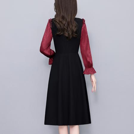 FA43893# 职场气质假两件套拼色修身中长款大码女装胖mm长袖连衣裙春秋新款 服裝批發女裝批發服飾貨源