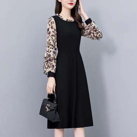 FA43894# 雪纺印花假两件套大码女装胖mm胖妹妹长袖修身中长款春秋季连衣裙 服裝批發女裝批發服飾貨源