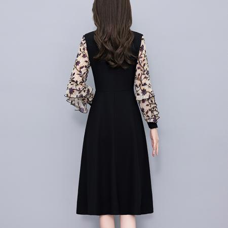 FA43894# 雪纺印花假两件套大码女装胖mm胖妹妹长袖修身中长款春秋季连衣裙 服裝批發女裝批發服飾貨源