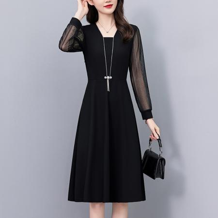 FA43895# 蕾丝镂空长袖修身中长款大码女装胖mm春秋季新款大码女装胖mm黑色 服裝批發女裝批發服飾貨源