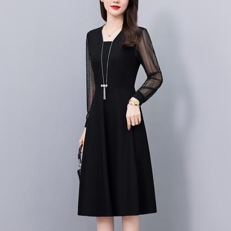FA43895# 蕾丝镂空长袖修身中长款大码女装胖mm春秋季新款大码女装胖mm黑色 服裝批發女裝批發服飾貨源