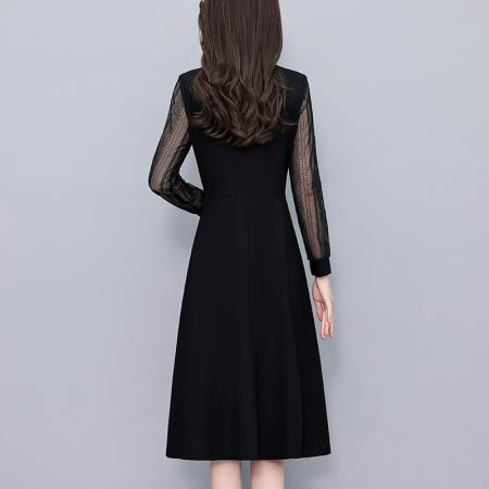 FA43895# 蕾丝镂空长袖修身中长款大码女装胖mm春秋季新款大码女装胖mm黑色 服裝批發女裝批發服飾貨源