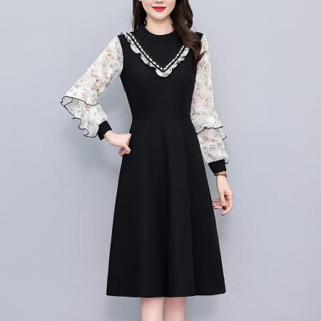 FA43896# 雪纺印花假两件套修身中长款大码女装胖mm胖妹妹洋气长袖连衣裙春 服裝批發女裝批發服飾貨源