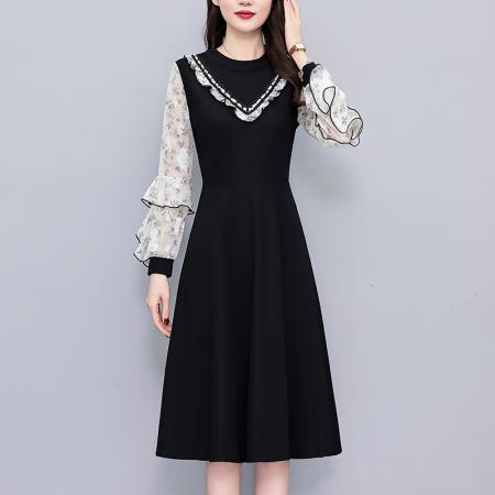 FA43896# 雪纺印花假两件套修身中长款大码女装胖mm胖妹妹洋气长袖连衣裙春 服裝批發女裝批發服飾貨源