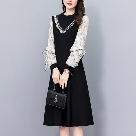 FA43896# 雪纺印花假两件套修身中长款大码女装胖mm胖妹妹洋气长袖连衣裙春 服裝批發女裝批發服飾貨源