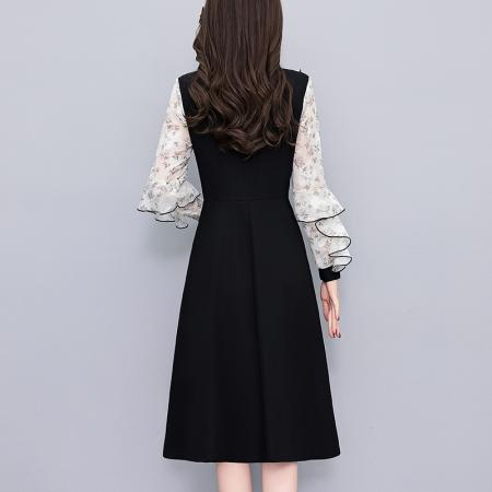 FA43896# 雪纺印花假两件套修身中长款大码女装胖mm胖妹妹洋气长袖连衣裙春 服裝批發女裝批發服飾貨源