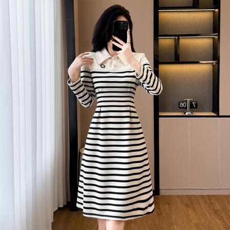 FA43901# 条纹拼接大码女装胖mm时尚洋气修身显瘦长袖连衣裙春秋新款阔太太 服裝批發女裝批發服飾貨源