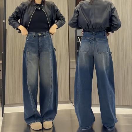 FA43906# 大码高腰阔腿牛仔裤女秋季新款胖mm显瘦宽松直筒弯刀拖地裤子 服裝批發女裝批發服飾貨源