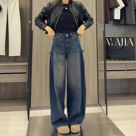 FA43906# 大码高腰阔腿牛仔裤女秋季新款胖mm显瘦宽松直筒弯刀拖地裤子 服裝批發女裝批發服飾貨源