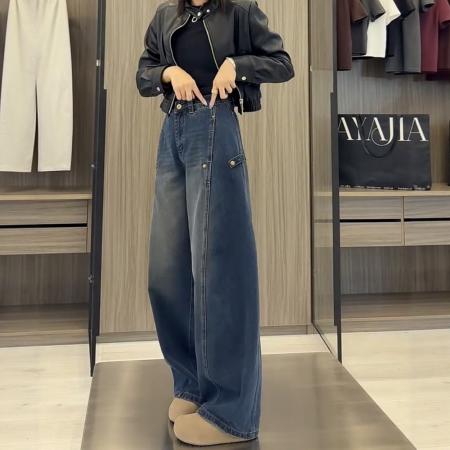 FA43906# 大码高腰阔腿牛仔裤女秋季新款胖mm显瘦宽松直筒弯刀拖地裤子 服裝批發女裝批發服飾貨源
