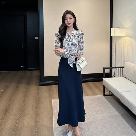 FA43913# 秋冬长袖印花雪纺衫上衣半身裙套装两件套裙子 服裝批發女裝批發服飾貨源