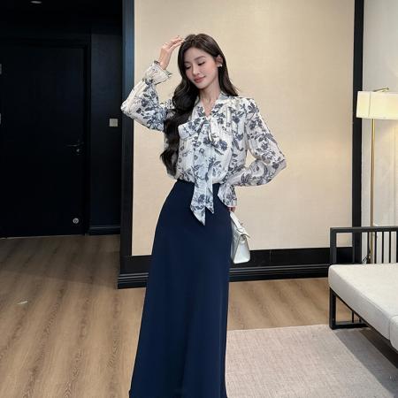 FA43913# 秋冬长袖印花雪纺衫上衣半身裙套装两件套裙子 服裝批發女裝批發服飾貨源