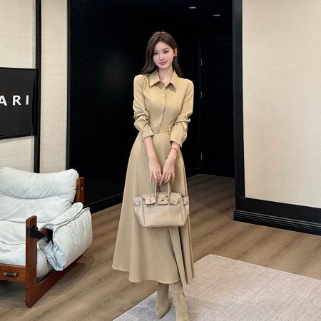 FA43914# 秋高漫步秋季新款韩系高级感翻领长袖气质连衣裙 服裝批發女裝批發服飾貨源