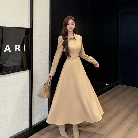 FA43914# 秋高漫步秋季新款韩系高级感翻领长袖气质连衣裙 服裝批發女裝批發服飾貨源