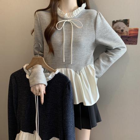 FA43916# 大码秋冬新款立领甜美蝴蝶结拼接长袖T恤打底衫  服裝批發女裝批發服飾貨源