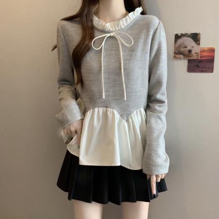 FA43916# 大码秋冬新款立领甜美蝴蝶结拼接长袖T恤打底衫  服裝批發女裝批發服飾貨源
