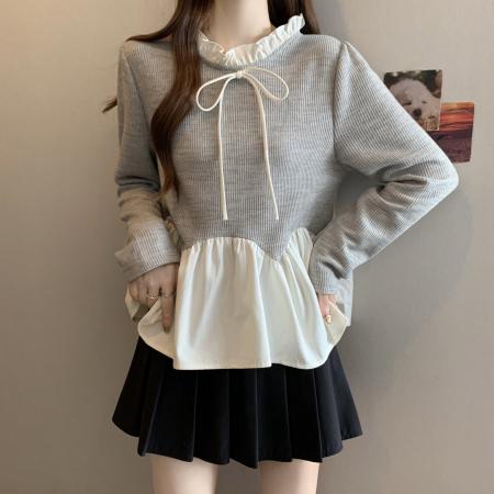 FA43916# 大码秋冬新款立领甜美蝴蝶结拼接长袖T恤打底衫  服裝批發女裝批發服飾貨源