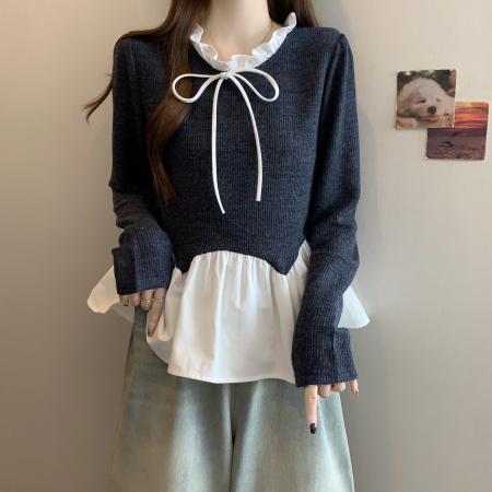 FA43916# 大码秋冬新款立领甜美蝴蝶结拼接长袖T恤打底衫  服裝批發女裝批發服飾貨源