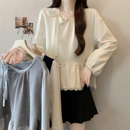 FA43919# 大码假两件针织拼接长袖衬衫女秋季系带减龄显瘦上衣  服裝批發女裝批發服飾貨源