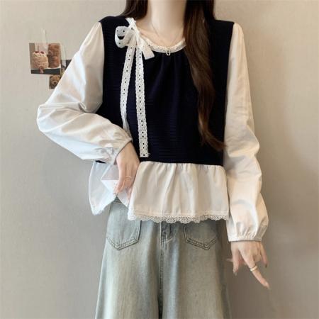 FA43919# 大码假两件针织拼接长袖衬衫女秋季系带减龄显瘦上衣  服裝批發女裝批發服飾貨源