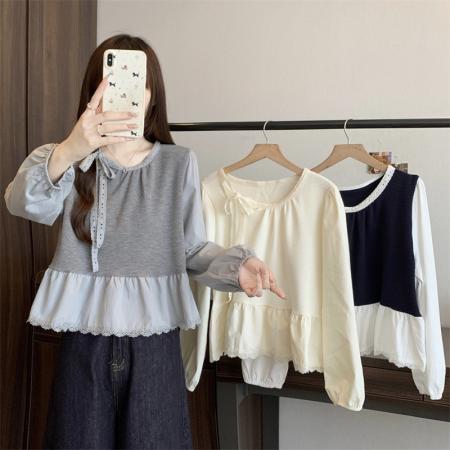 FA43919# 大码假两件针织拼接长袖衬衫女秋季系带减龄显瘦上衣  服裝批發女裝批發服飾貨源
