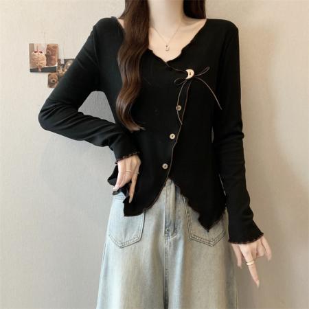 FA43920# 秋装新款胖mm大码女甜美立体花朵蝴蝶结掐腰长袖针织上  服裝批發女裝批發服飾貨源