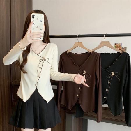 FA43920# 秋装新款胖mm大码女甜美立体花朵蝴蝶结掐腰长袖针织上  服裝批發女裝批發服飾貨源