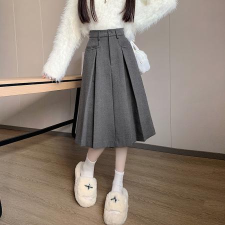 FA43921# 新款冬季A型褶裥裙女毛呢百搭休闲百褶裙中长款半身裙  服裝批發女裝批發服飾貨源