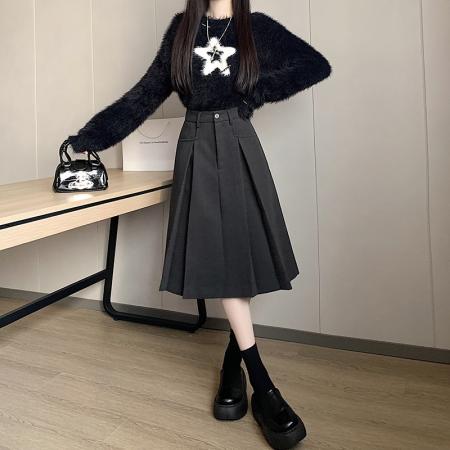 FA43921# 新款冬季A型褶裥裙女毛呢百搭休闲百褶裙中长款半身裙  服裝批發女裝批發服飾貨源
