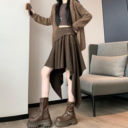 FA43922# 高腰不规则毛呢半身裙女冬季新款a字时尚百搭休闲裙子  服裝批發女裝批發服飾貨源