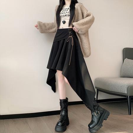 FA43922# 高腰不规则毛呢半身裙女冬季新款a字时尚百搭休闲裙子  服裝批發女裝批發服飾貨源