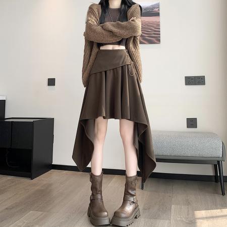 FA43922# 高腰不规则毛呢半身裙女冬季新款a字时尚百搭休闲裙子  服裝批發女裝批發服飾貨源