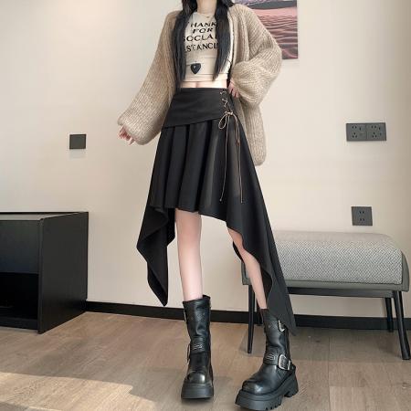 FA43922# 高腰不规则毛呢半身裙女冬季新款a字时尚百搭休闲裙子  服裝批發女裝批發服飾貨源