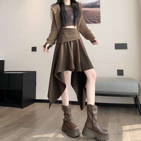 FA43922# 高腰不规则毛呢半身裙女冬季新款a字时尚百搭休闲裙子  服裝批發女裝批發服飾貨源