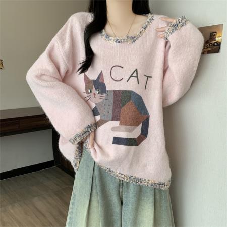 FA43935# 大码女秋冬新款毛衣慵懒风套头宽松针织高级感百搭圆领上衣  服裝批發女裝批發服飾貨源