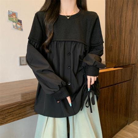 FA43936# 大码女胖MM秋季新款慵懒风高级感宽松遮肉中长款长袖T恤上衣  服裝批發女裝批發服飾貨源