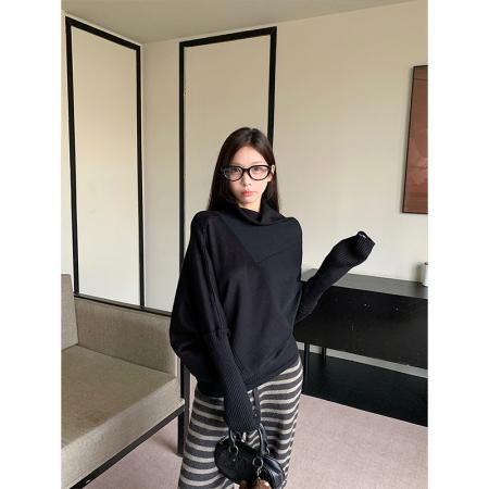 FA43938# 新款堆堆领慵懒针织衫蝙蝠袖宽松长袖上衣  服裝批發女裝批發服飾貨源