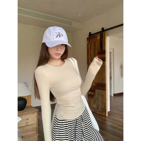 FA43940# -南瓜色刺绣字母正肩长袖t恤女新款秋季修身打底衫上衣女  服裝批發女裝批發服飾貨源
