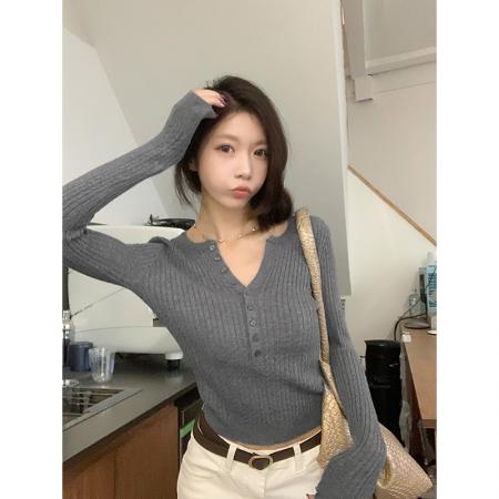 FA43942# -白色小v领长袖针织衫女早秋修身显瘦麻花上衣  服裝批發女裝批發服飾貨源