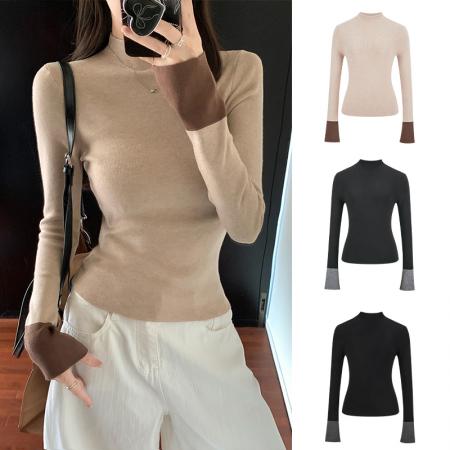 FA43944# 撞色半高领针织打底衫女内搭毛衣喇叭长袖上衣  服裝批發女裝批發服飾貨源
