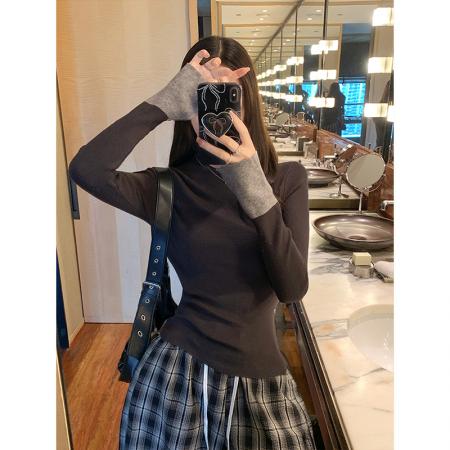 FA43944# 撞色半高领针织打底衫女内搭毛衣喇叭长袖上衣  服裝批發女裝批發服飾貨源