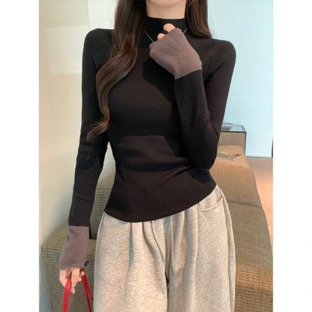 FA43944# 撞色半高领针织打底衫女内搭毛衣喇叭长袖上衣  服裝批發女裝批發服飾貨源