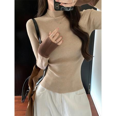 FA43944# 撞色半高领针织打底衫女内搭毛衣喇叭长袖上衣  服裝批發女裝批發服飾貨源