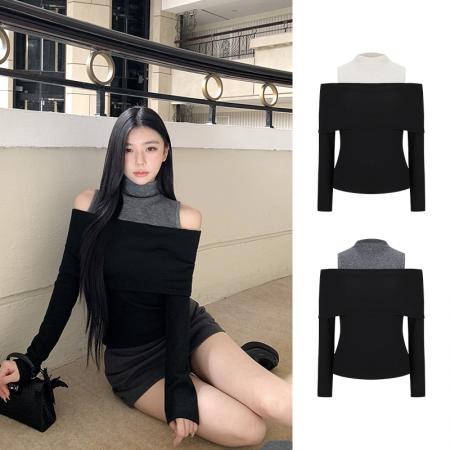 FA43945# 设计感假两件撞色加绒加厚高领长䄂女秋季小众百搭露肩上衣  服裝批發女裝批發服飾貨源