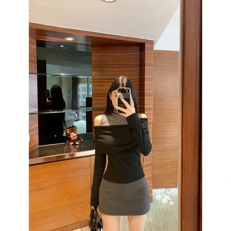 FA43945# 设计感假两件撞色加绒加厚高领长䄂女秋季小众百搭露肩上衣  服裝批發女裝批發服飾貨源