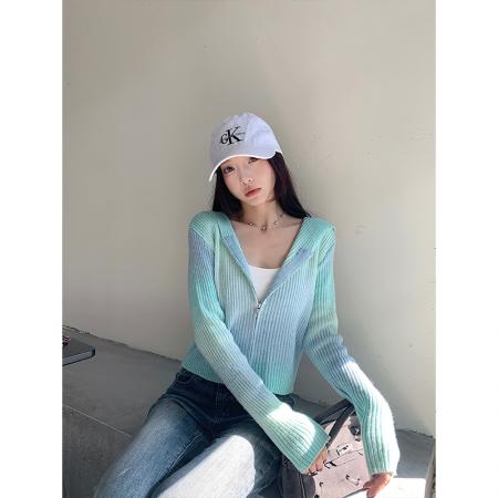 FA43948# -慵懒风针织连帽拉链开衫女秋新款显瘦百搭毛衣外套短款上衣  服裝批發女裝批發服飾貨源